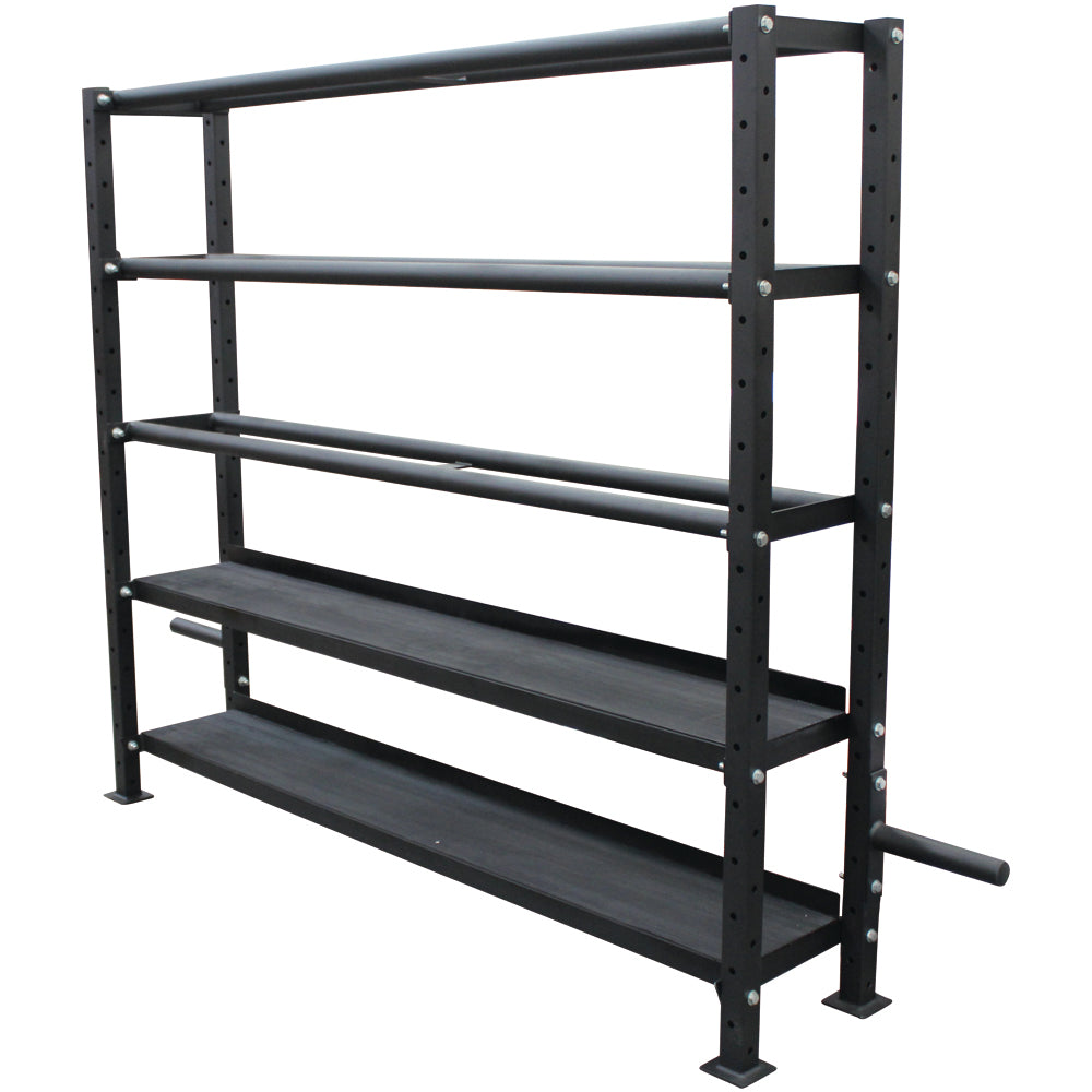 Rack multifuncional para colocar pesas rusas y mancuernas.