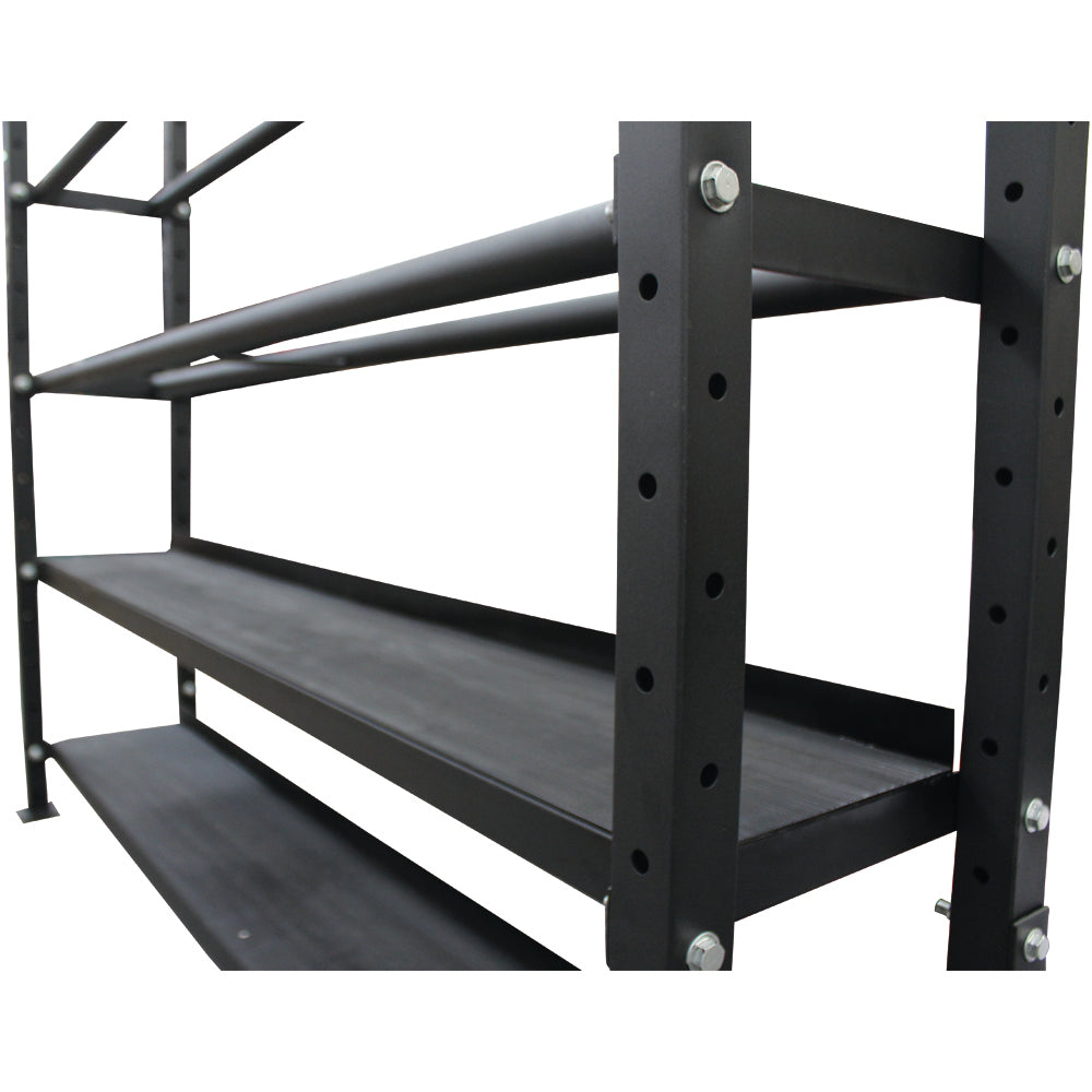 Rack multifuncional para colocar pesas rusas y mancuernas.