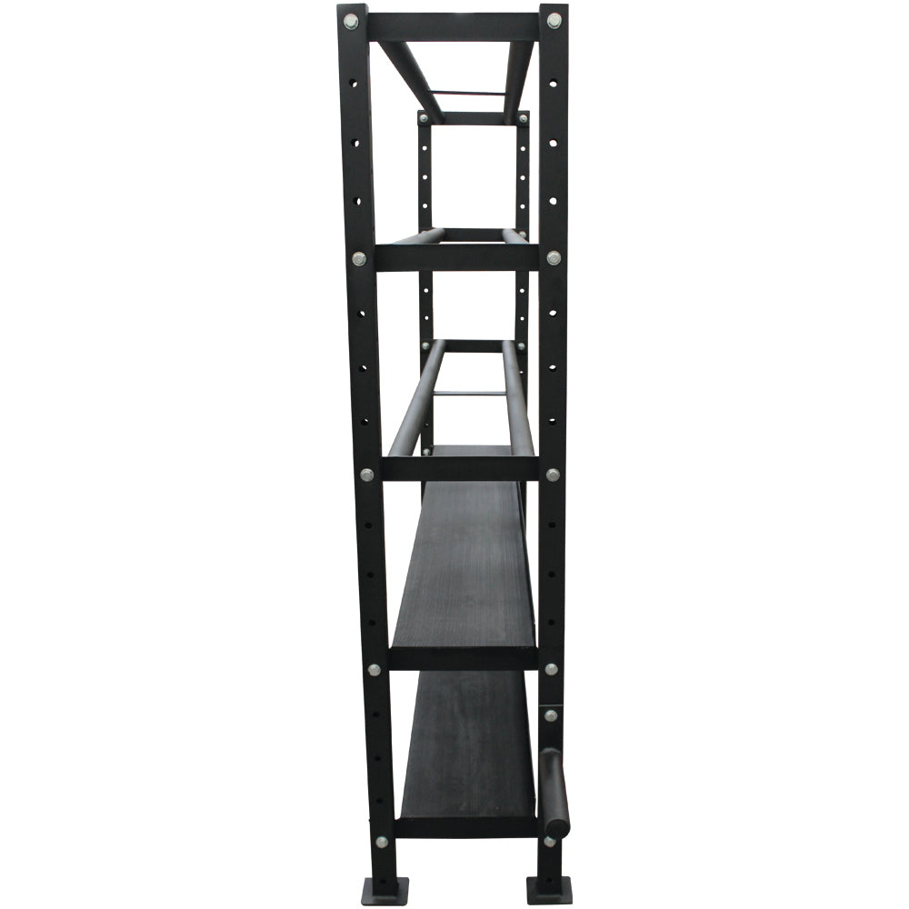 Rack multifuncional para colocar pesas rusas y mancuernas.