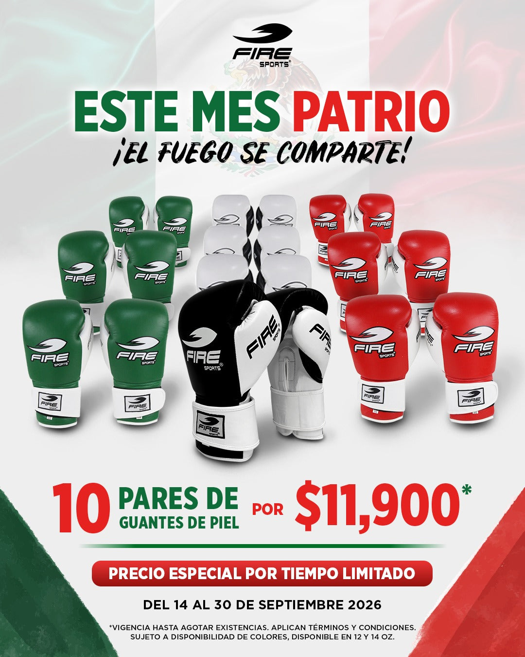 10 Pares de Guantes de Boxeo 12 y 14 oz Fire Sports (100% Piel)